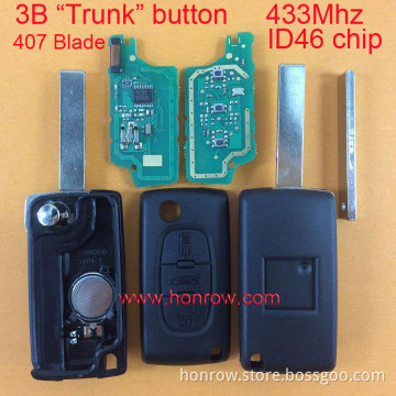 Newest Peugeot 3 button 433mhz ID46 chip flip remote key with groove HU83 407 Blade and Trunk button